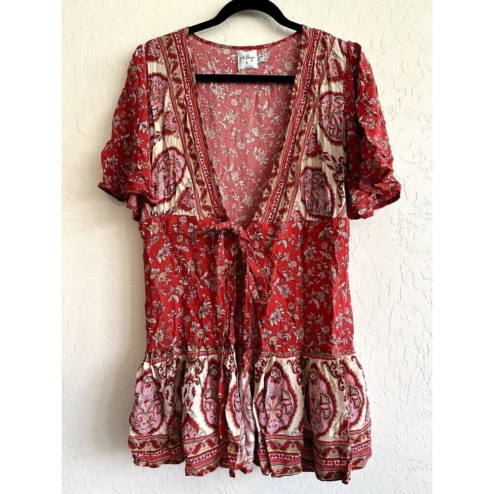 Princess Polly Floral Print Cover-Up V-Neck Dress Women's Size 4 Red Tie-Waist